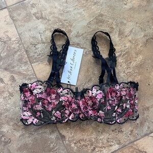 For Love And Lemons Juliet Black and Pink Floral Lace Bra XXS